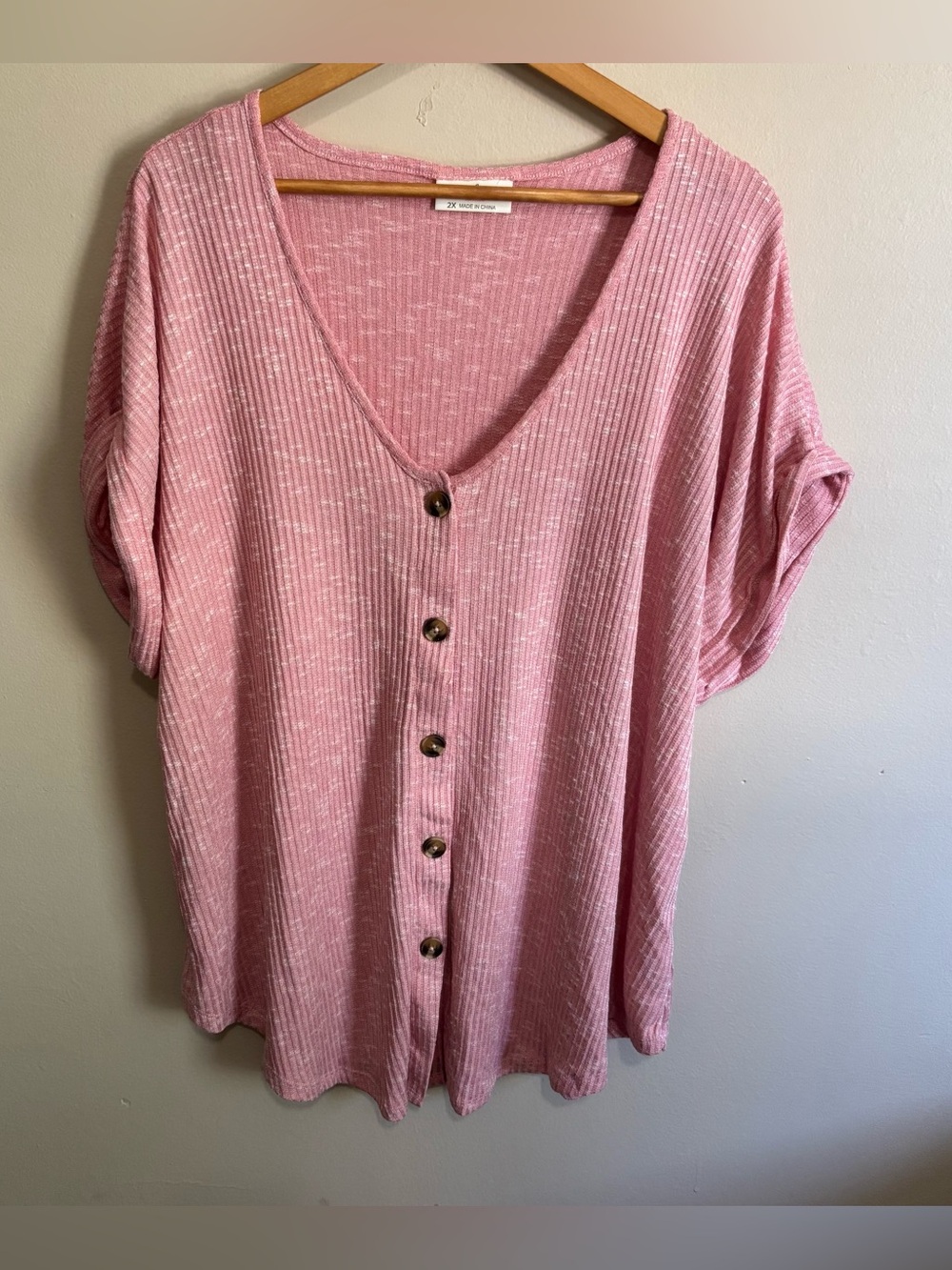 Bobbie Brooks XXL Pink Ribbed Knit Scoop Neck Button Front Top 2X